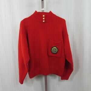 Jamie Scott Vintage Medium Red Knit Turtleneck Sweater with Emblem Gold Buttons